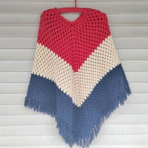 Vintage Hand-Crocheted Granny Stitch Poncho Fringe Red, White & Blue One Size